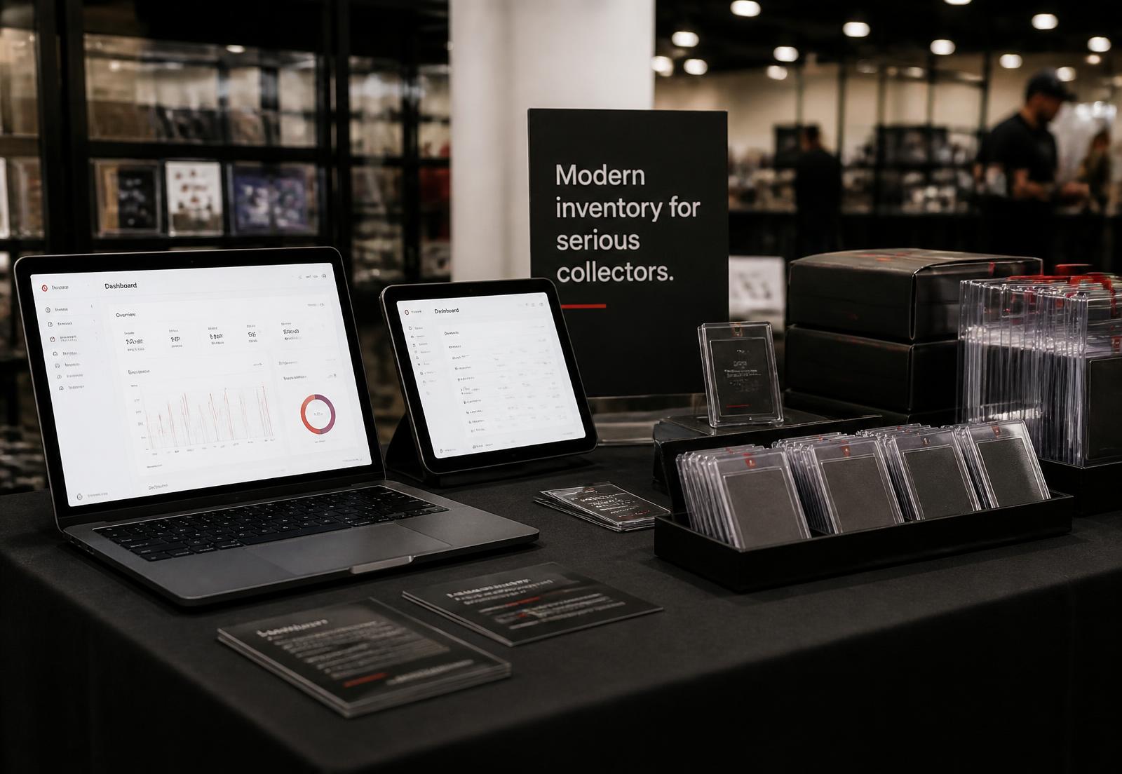 Cardinal running on a laptop and tablet at a collectibles show vendor booth